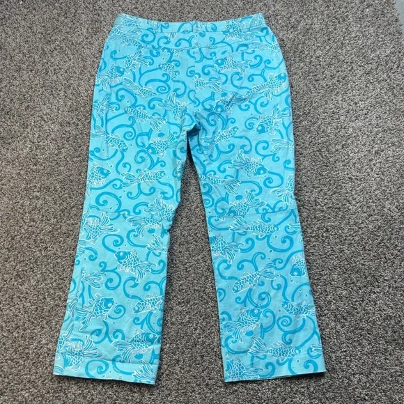Lilly Pulitzer Womens 14 Turquoise Blue Goldfish Print Straight Leg Pants Cotton - Picture 8 of 8